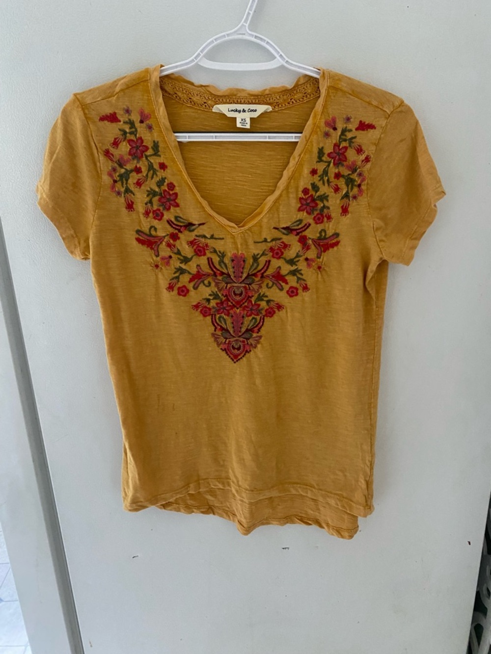 Mustard Embroidered V-Neck Short Sleeve Tee